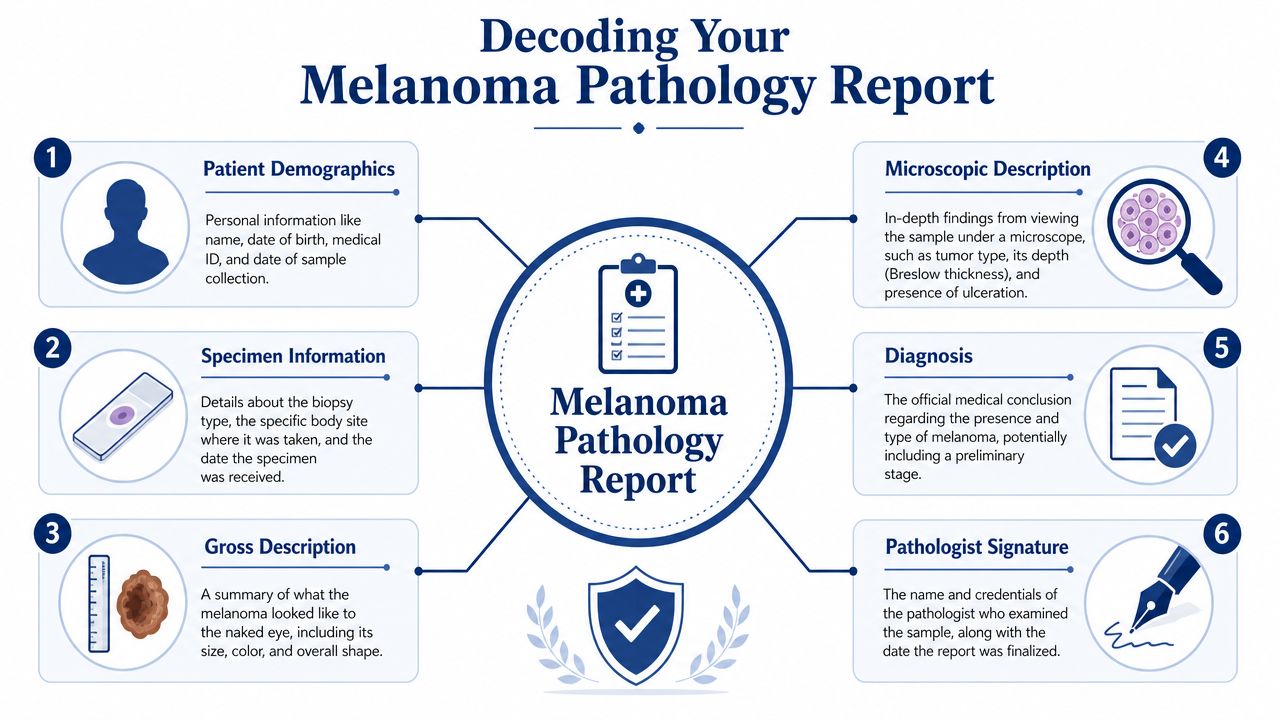An infographic titled Decoding Your Melanoma Pathology Report, explaining the six key components of the medical document.