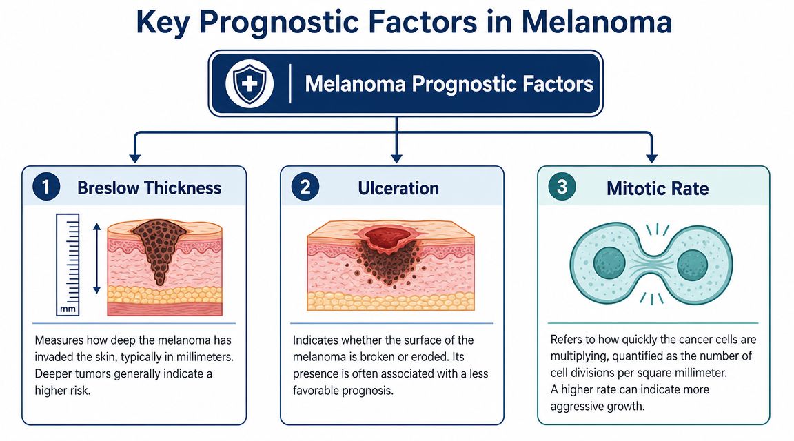 An infographic showing the three key prognostic factors in melanoma: Breslow thickness, ulceration, and mitotic rate.