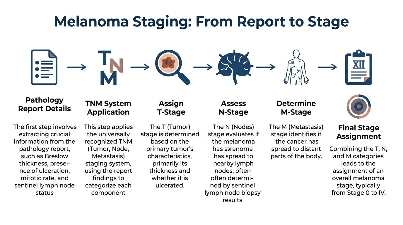 A flow chart illustrating the process of melanoma staging from a pathology report to final cancer classification.