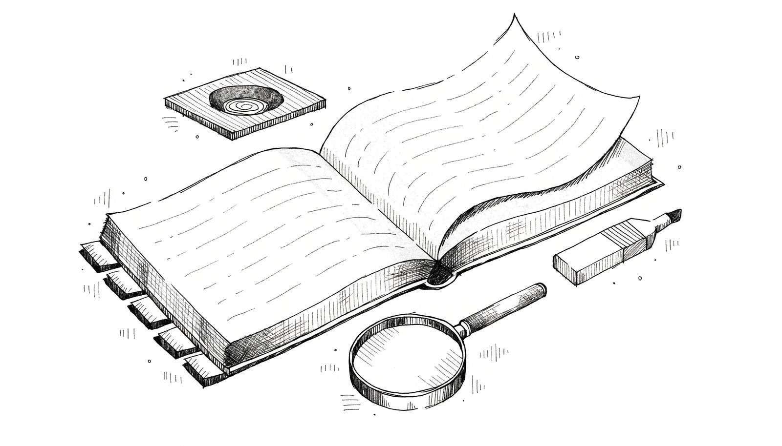A bound pathology report opened to blank pages with a slide, magnifier and index tabs, representing a sample report