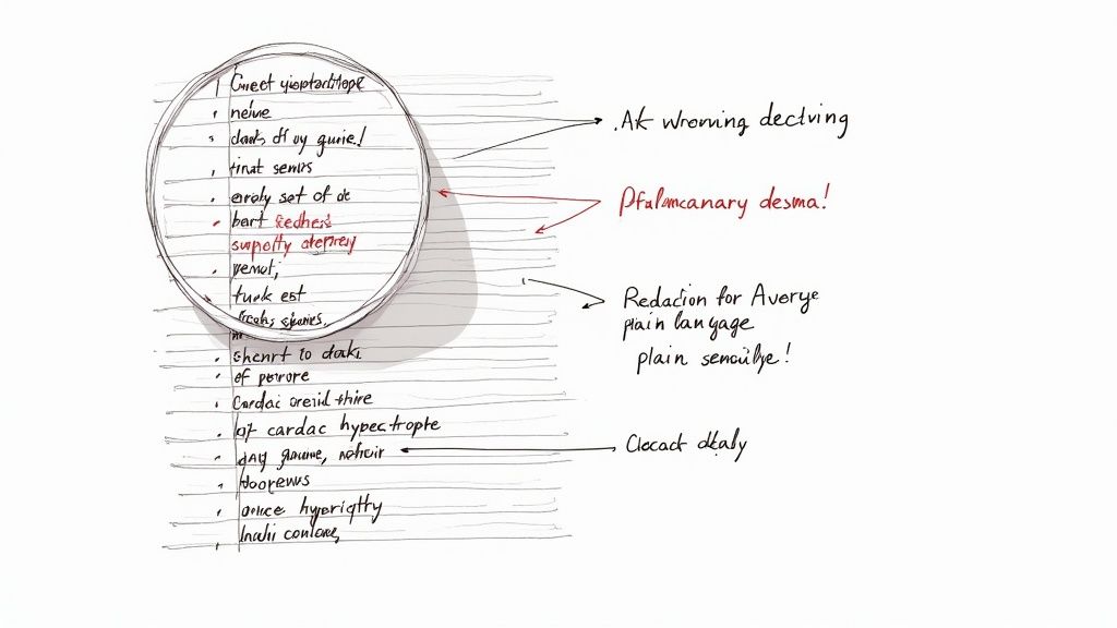 Handwritten notes on lined paper, with a circled section and arrows pointing to related phrases.