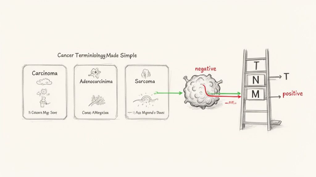 Illustrative diagram simplifying cancer terminology, displaying types and the TNM staging system for tumor classification.