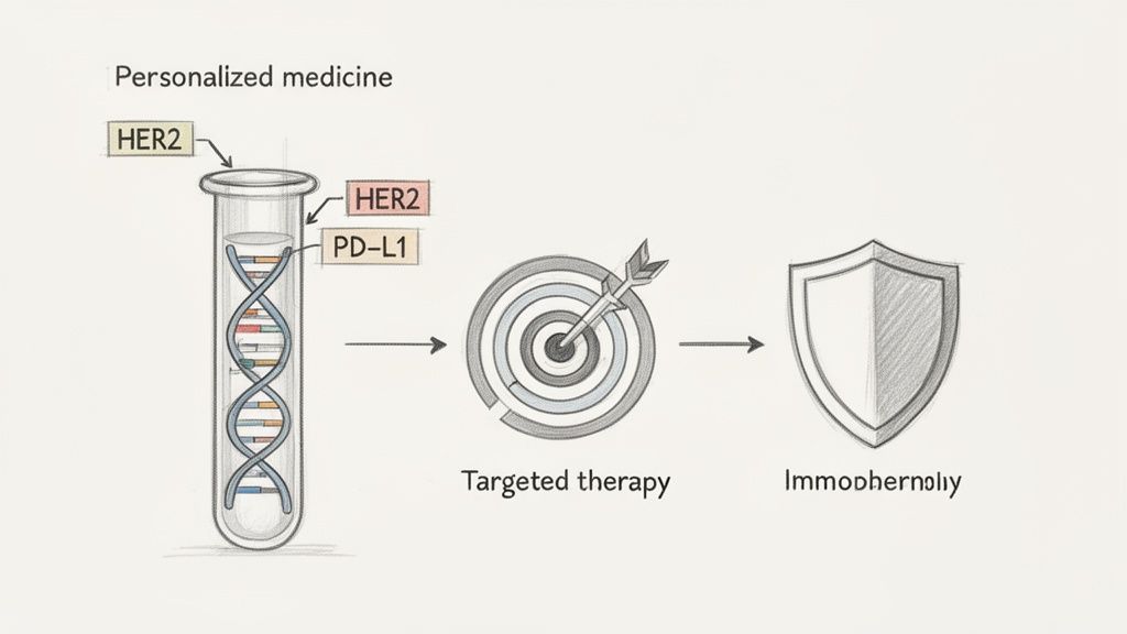 Diagram illustrating personalized medicine, showing DNA markers like HER2 and PD-L1 leading to targeted therapy and immuno-oncology.