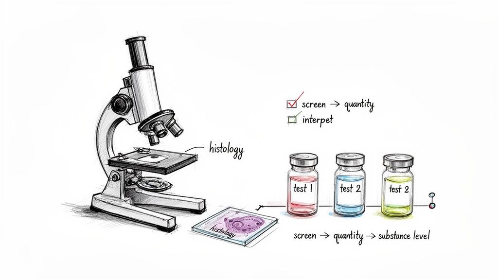 Scientific illustration depicting a microscope, histology slide, and three labeled test tubes for lab tests and analysis.
