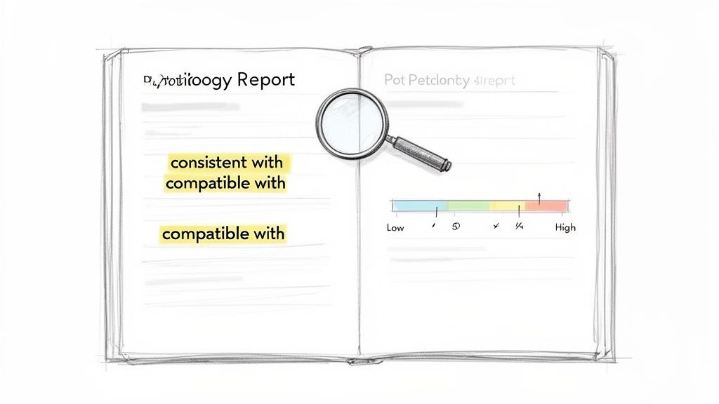 A pathology report in an open notebook with highlighted text and a magnified risk scale, indicating findings.