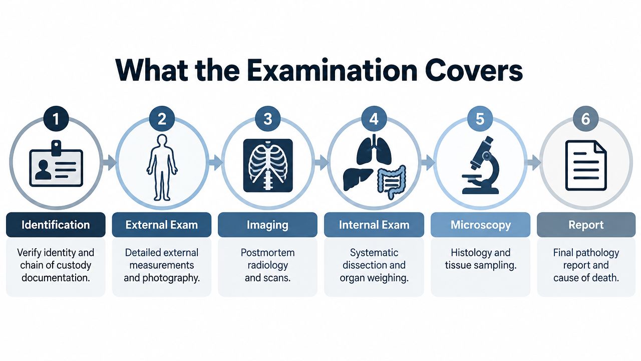 A six-step infographic showing the pediatric autopsy process, from identification and external examination to the final report.