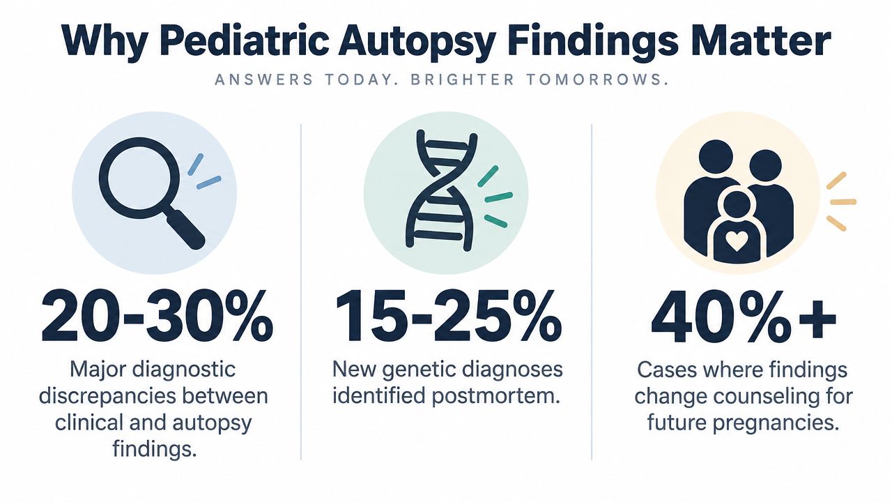 An infographic showing statistics on why pediatric autopsy findings are important for medical accuracy and genetic insights.