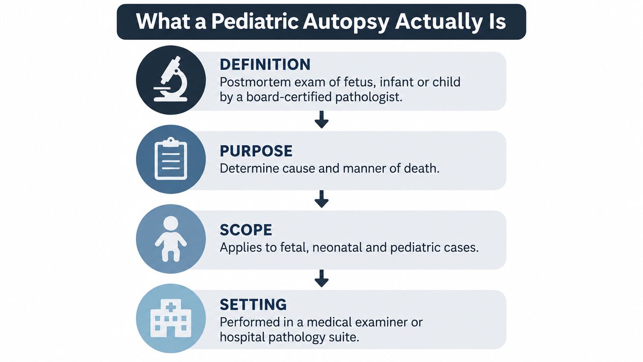 An infographic defining pediatric autopsy as a postmortem examination of a fetus, infant, or child by specialists.