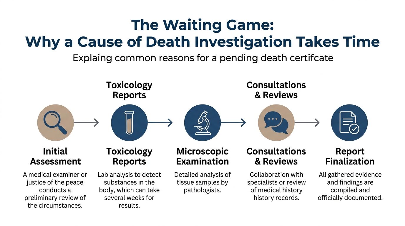 A flowchart explaining the steps involved in a death investigation, including toxicology and microscopic exam processes.