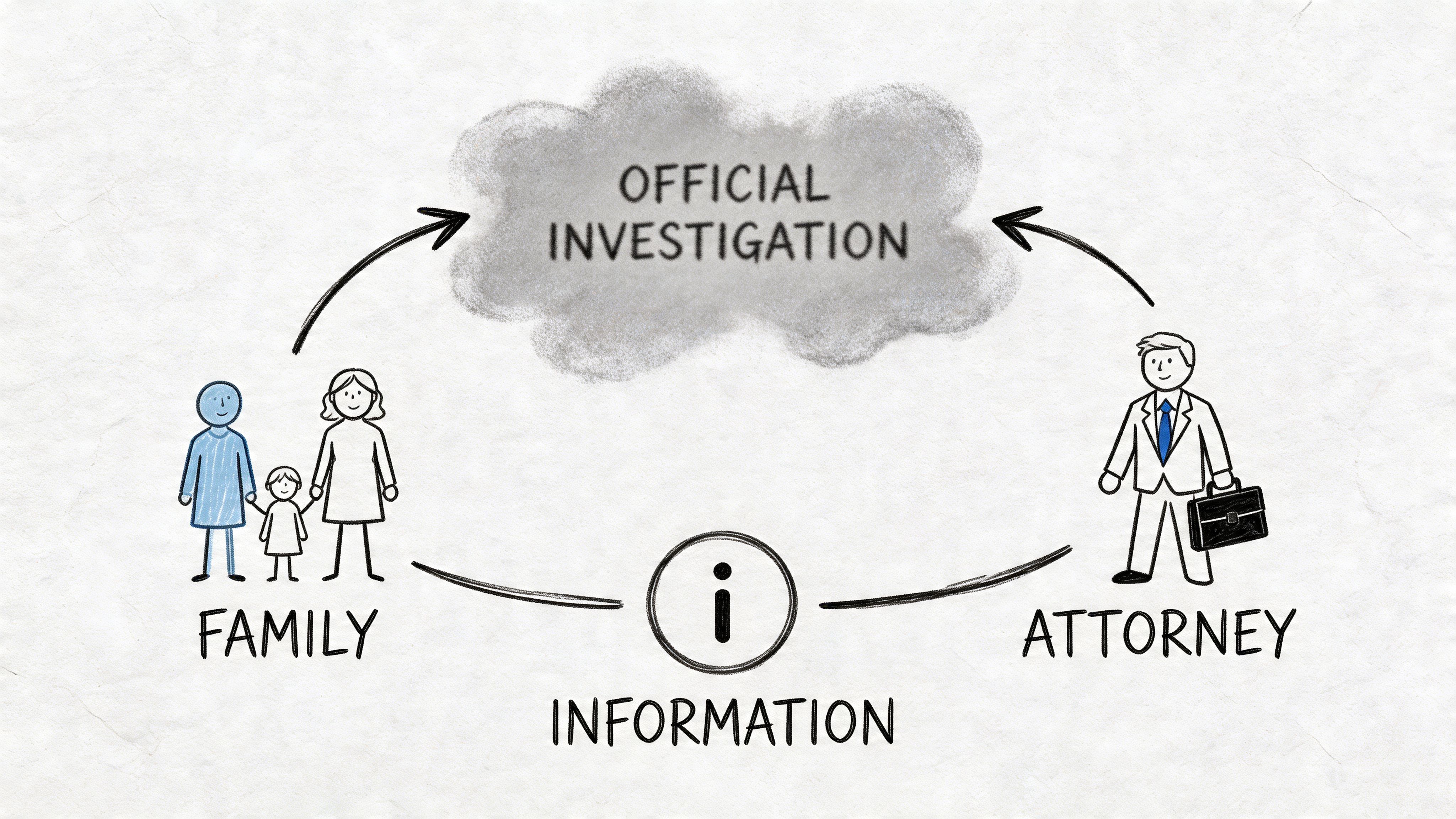 A diagram showing the flow of information between a family and their attorney regarding an official investigation.