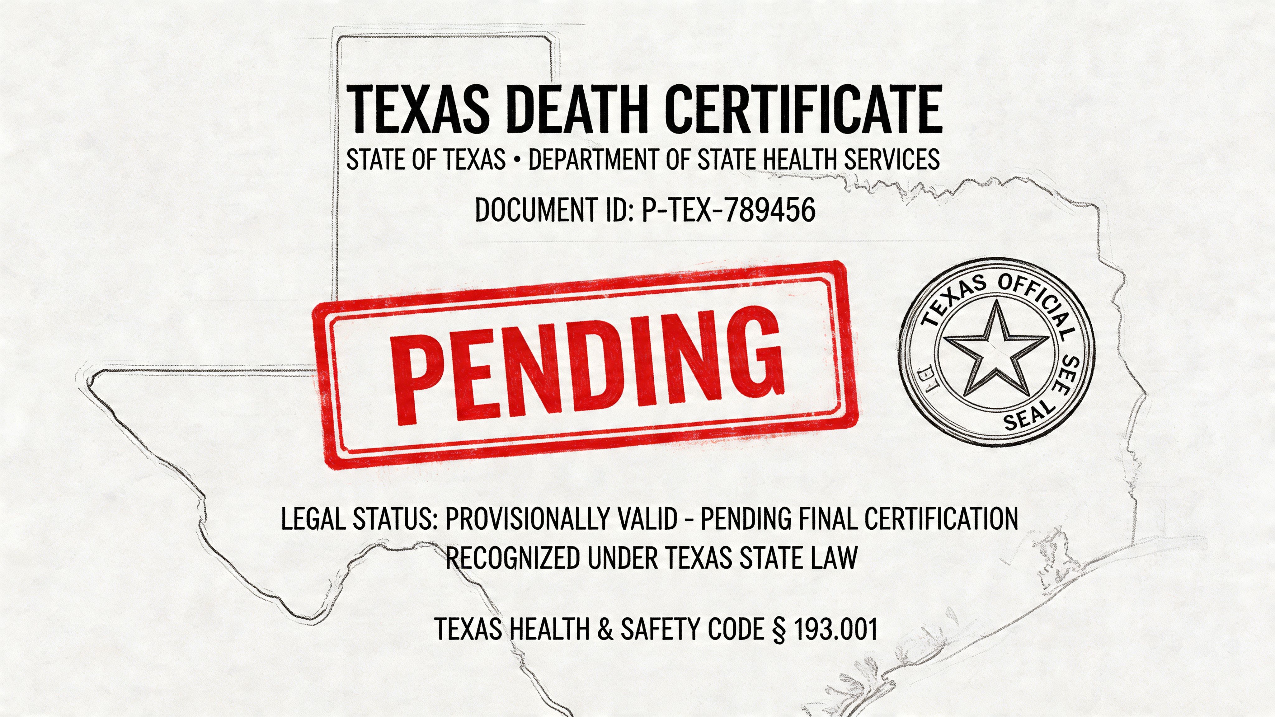 A digital graphic depicting a Texas death certificate document marked with a large red pending stamp.