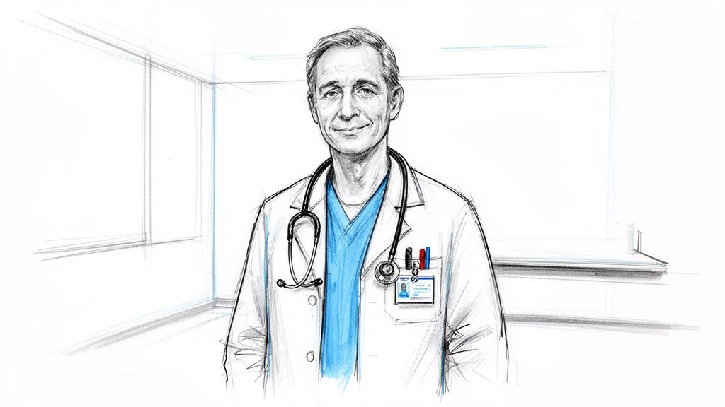 Sketch of a smiling male doctor wearing a white lab coat and stethoscope.