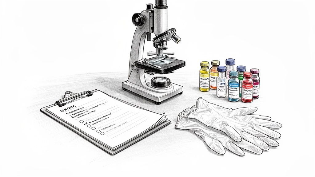 A detailed sketch of a forensic lab setup with a microscope, vials, clipboard, and gloves.