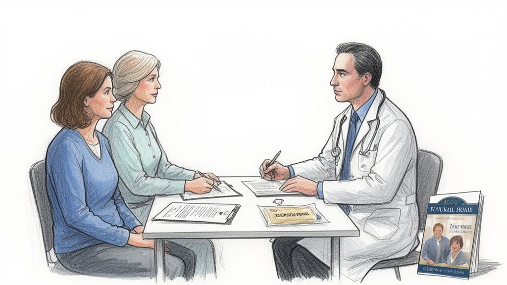 A doctor in a white coat consults with two women at a table, reviewing documents and a brochure.