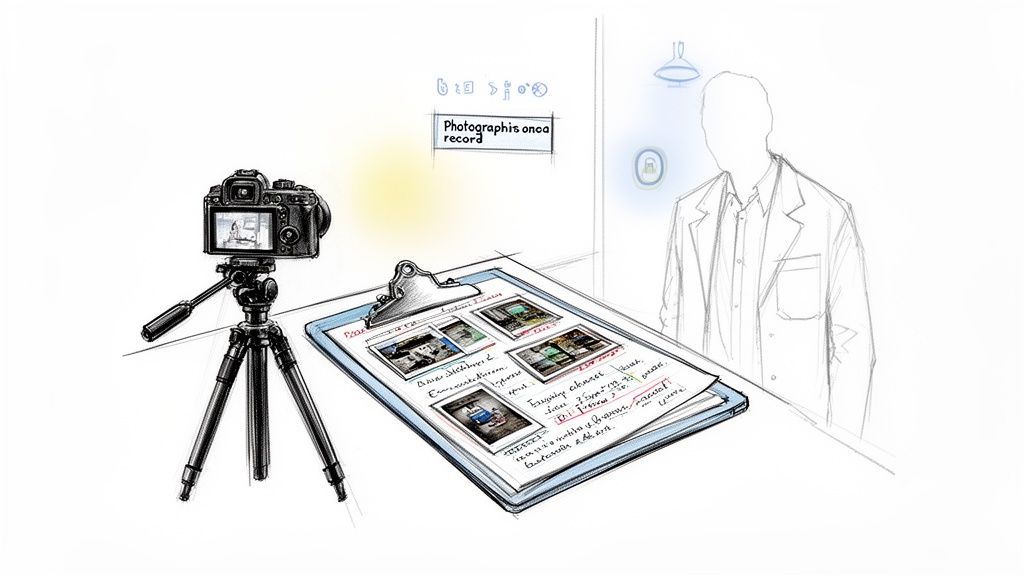 A camera on a tripod records a clipboard displaying crime scene photos and notes.
