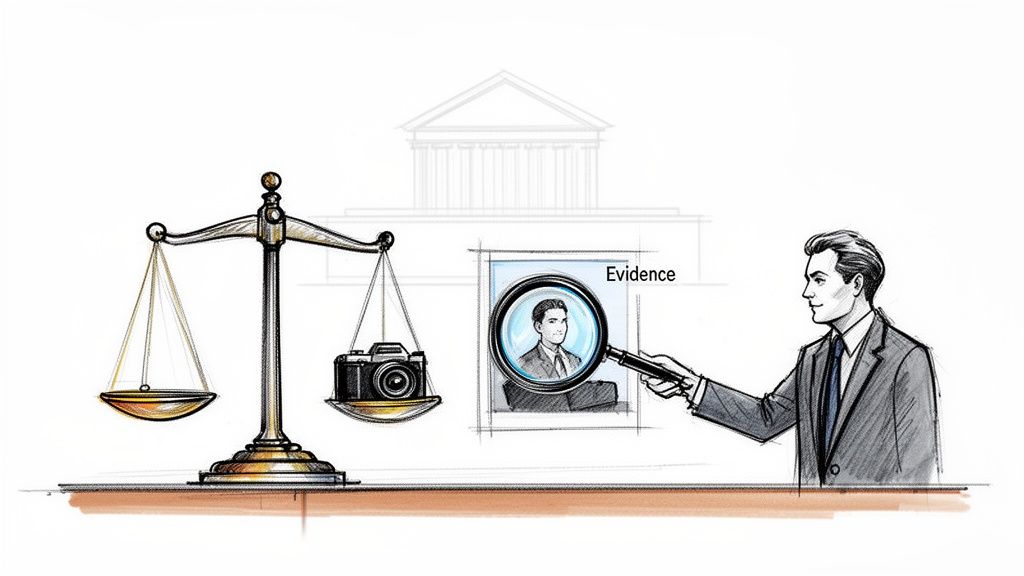 A legal expert examines photographic evidence with a magnifying glass beside the scales of justice.