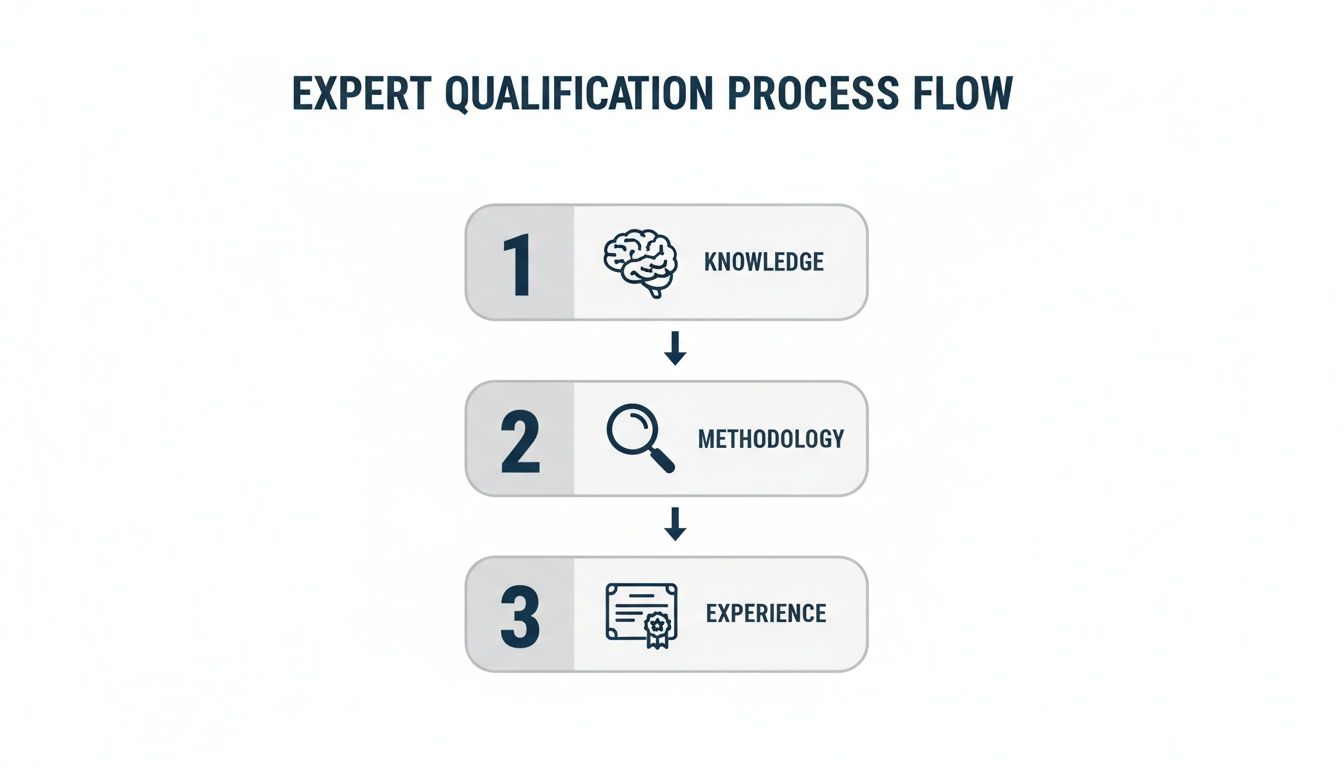 Expert qualification process flow showing three key steps: knowledge, methodology, and experience.
