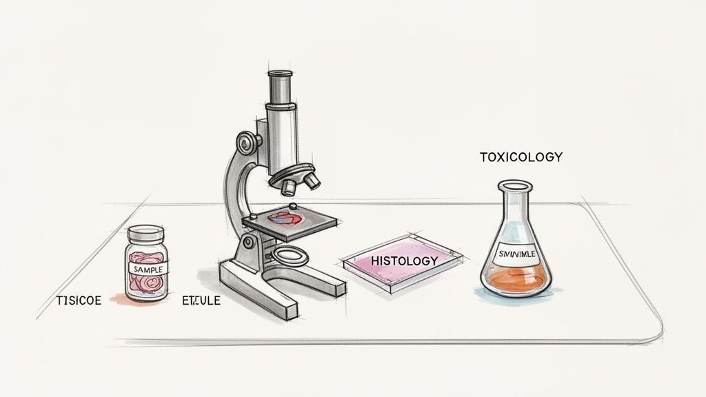 A sketch of laboratory equipment including a microscope, tissue sample jar, histology dish, and toxicology flask.