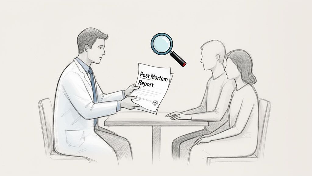 A doctor presents a "Post Mortem Report" to a grieving couple, with a magnifying glass symbolizing investigation.