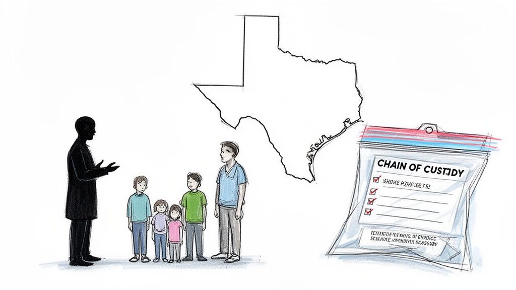 Illustration: a legal figure addresses a family under the Texas map, next to a 'chain of custody' bag.