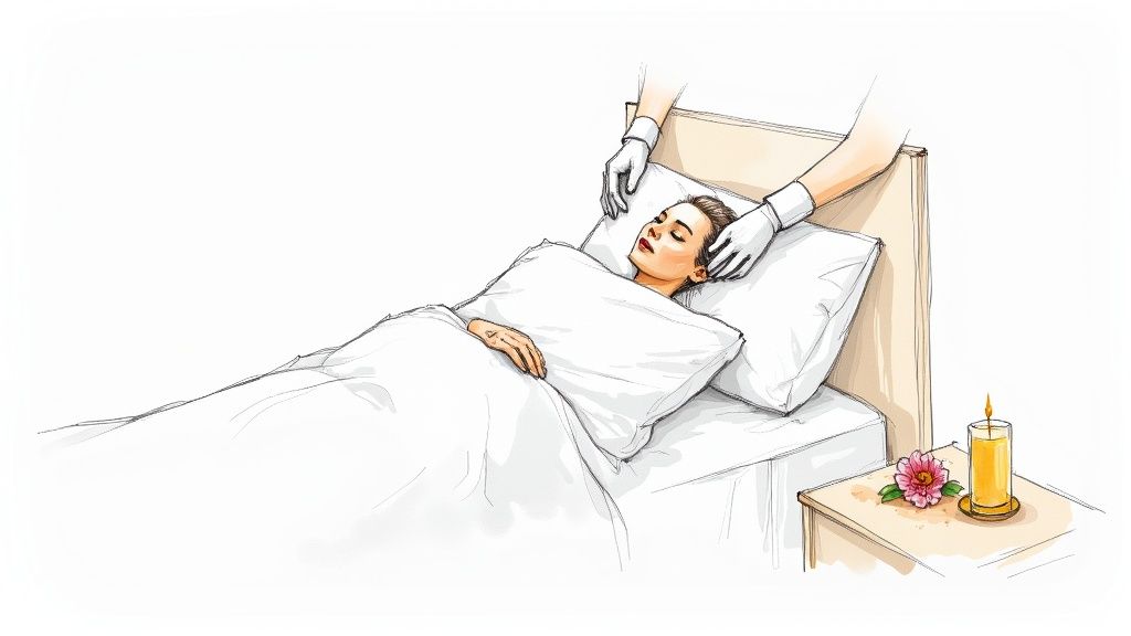 Gloved hands gently attend to a deceased person in bed, with a candle and flower nearby.