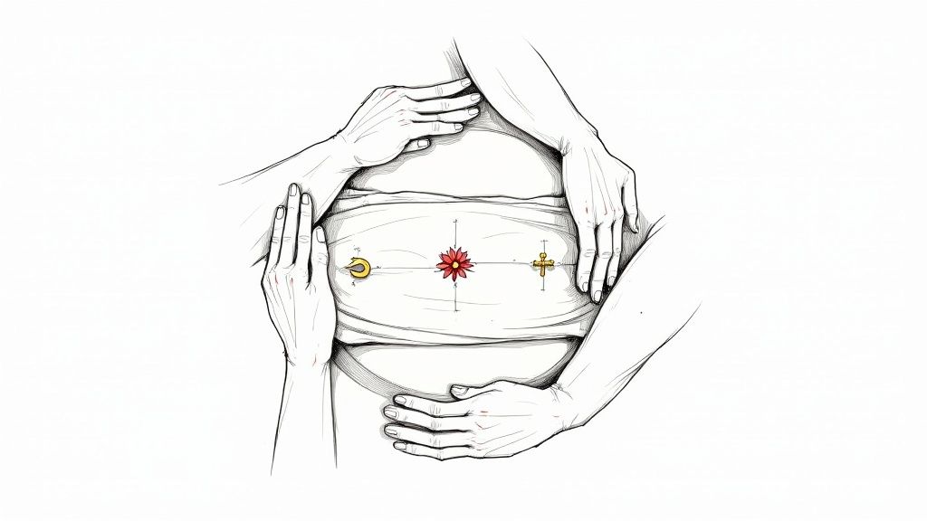 A drawing of multiple hands gently touching a wrapped torso adorned with a red flower, crescent moon, and cross.