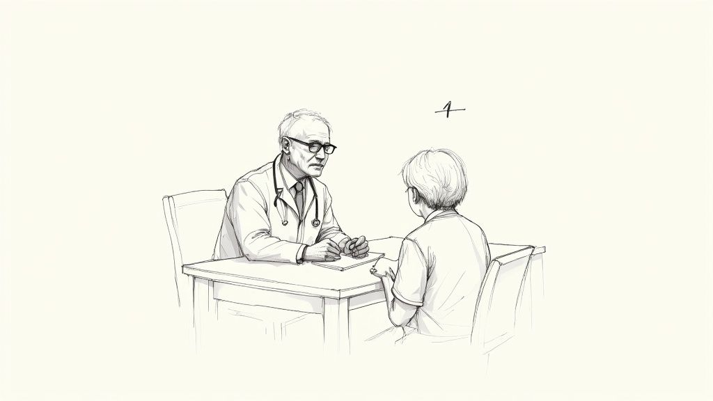 A compassionate doctor reviewing documents with a concerned family member.
