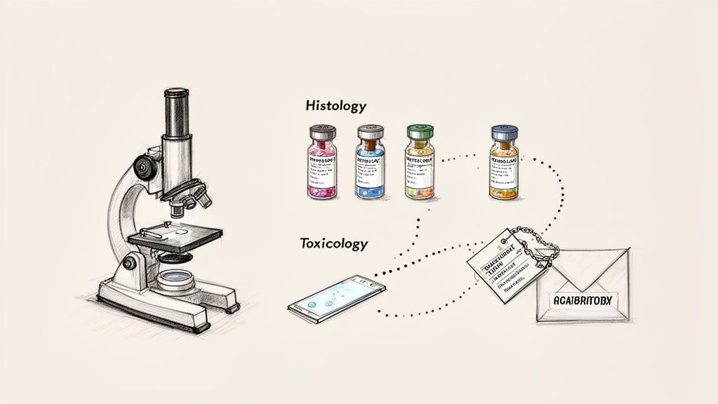 A detailed illustration of a forensic or autopsy workflow, showing a microscope, histology vials, toxicology samples, and digital evidence.