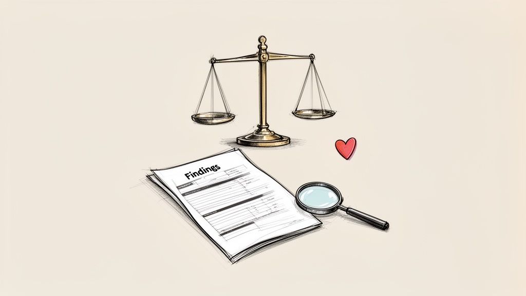 A sketch showing a balance scale, a 'Findings' document, a magnifying glass, and a red heart.