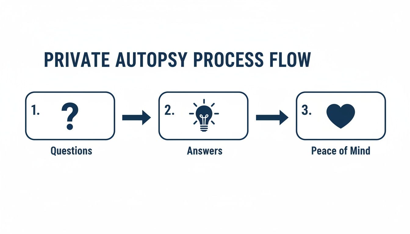 A flow diagram titled 'Private Autopsy Process Flow' showing steps from questions to answers and peace of mind.