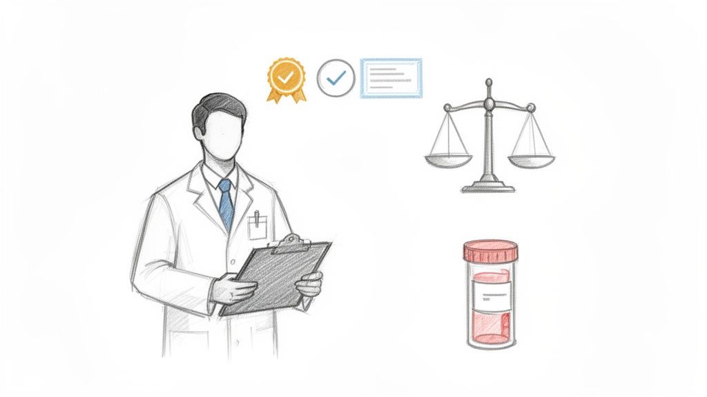 A doctor in a lab coat with a clipboard, alongside symbols for quality, justice, and a medical sample.