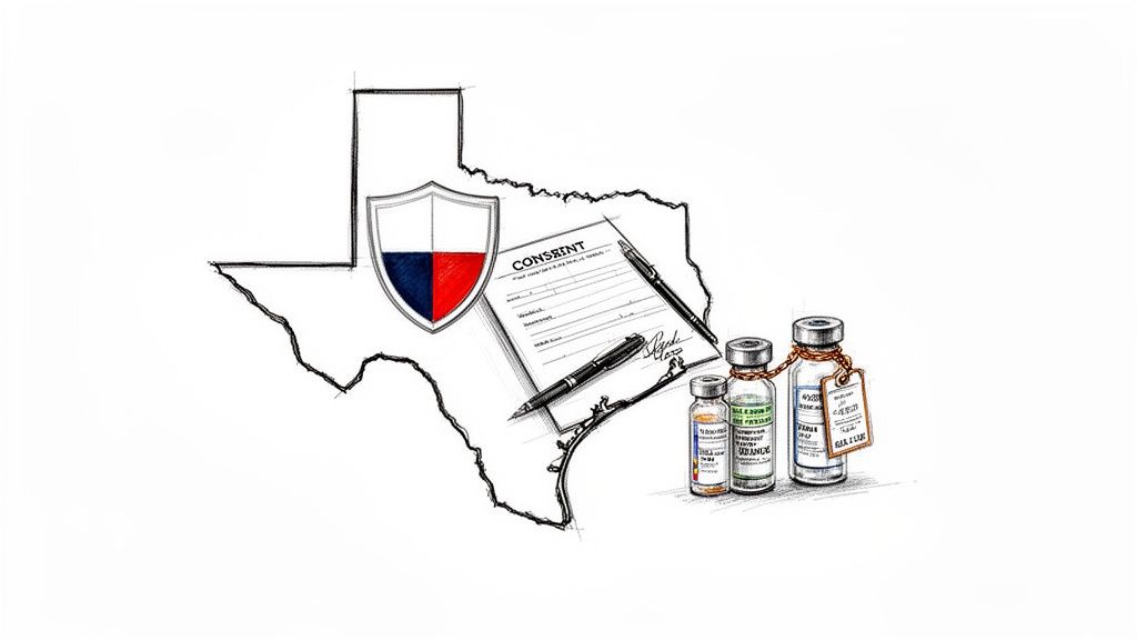 Illustration of Texas with a shield, consent form, pens, and medical vials for transgender care.