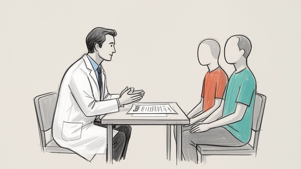 Illustration of a doctor in a lab coat speaking to two faceless patients at a table with documents.