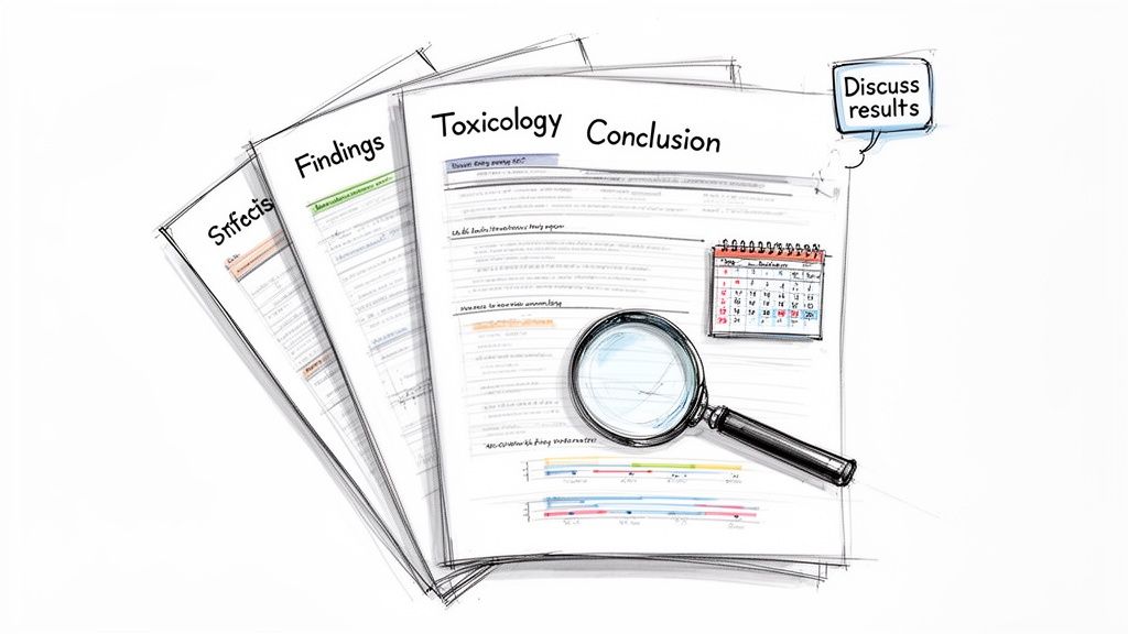 Illustration of scientific reports titled Findings, Toxicology, Conclusion with a magnifying glass and calendar, discussing results.