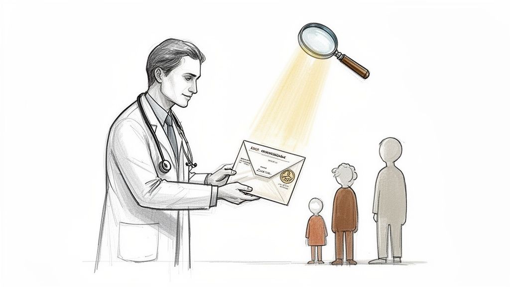Doctor reviews a document under a magnifying glass for a family, emphasizing detailed examination of medical results.