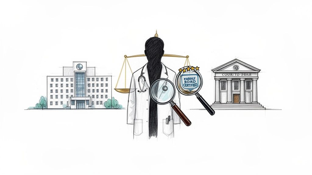 Illustration of a doctor with scales of justice, examining a hospital, court, and board certification.