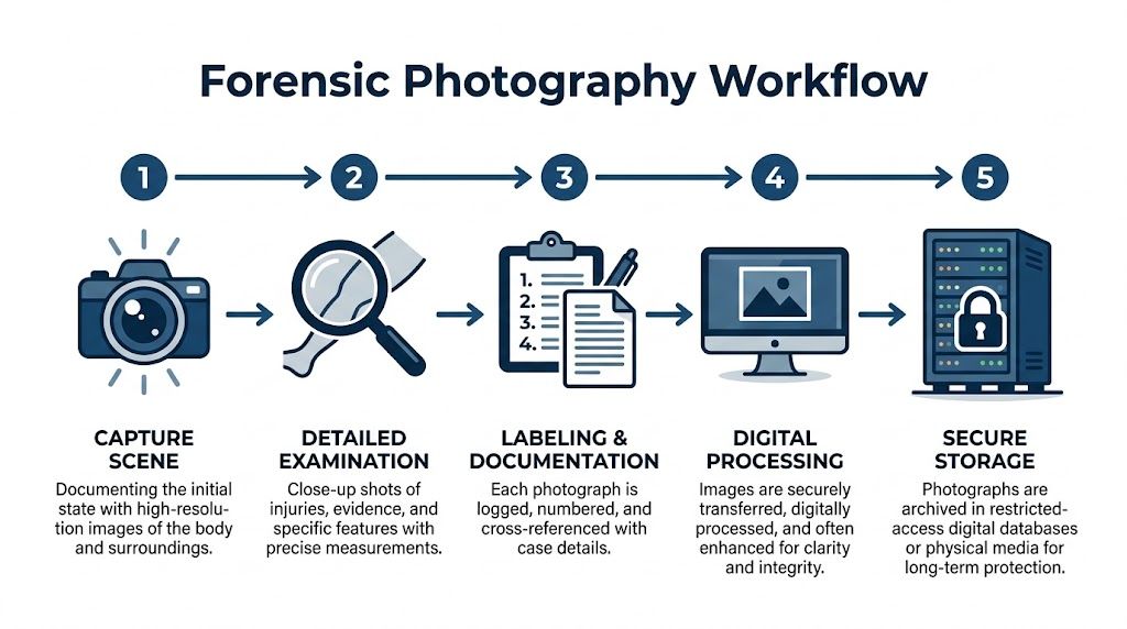 A five-step infographic illustrating the professional workflow of forensic photography, from scene capture to secure storage.