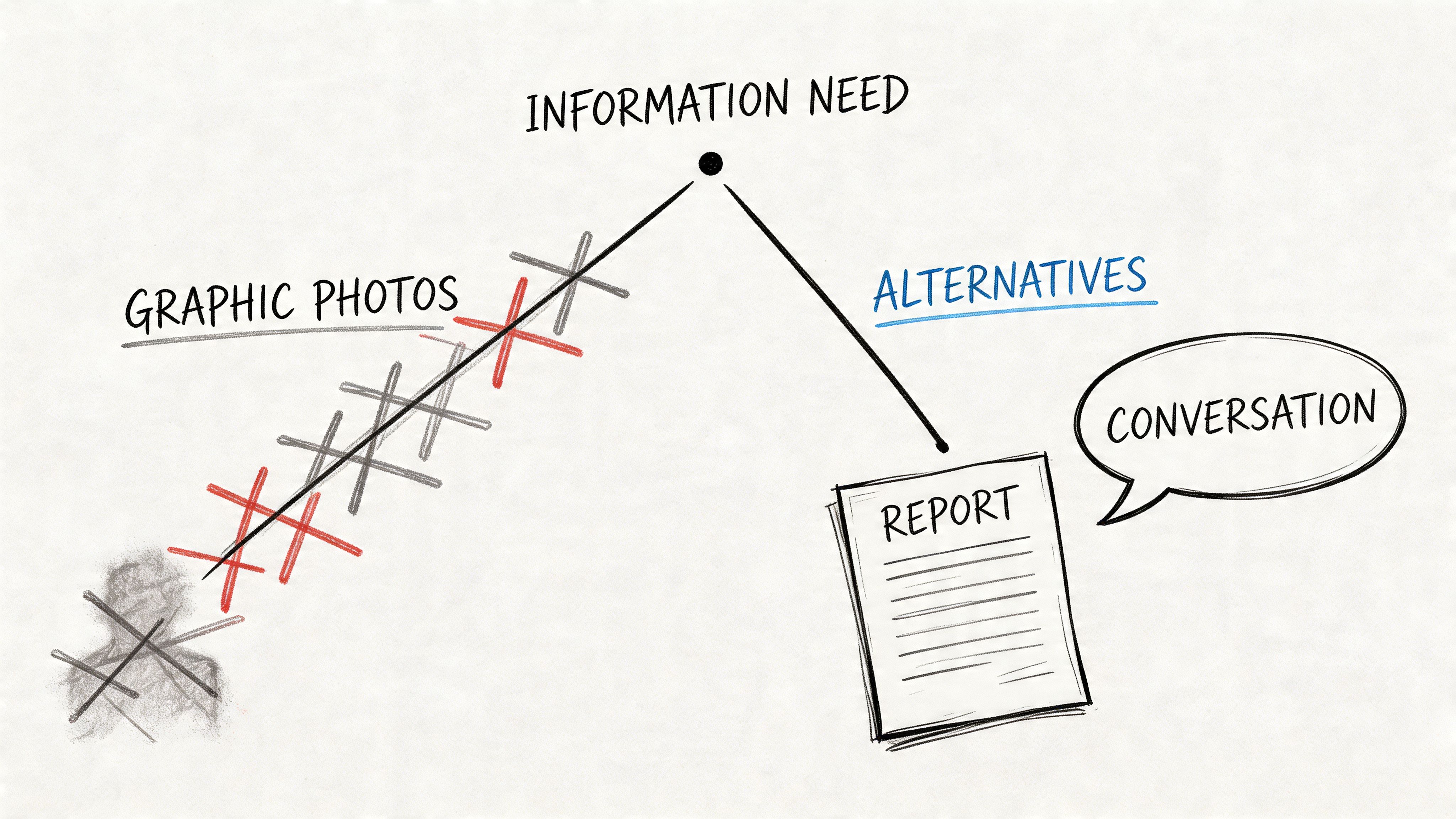 A diagram illustrating alternatives to graphic photos for meeting information needs, such as reports and conversations.