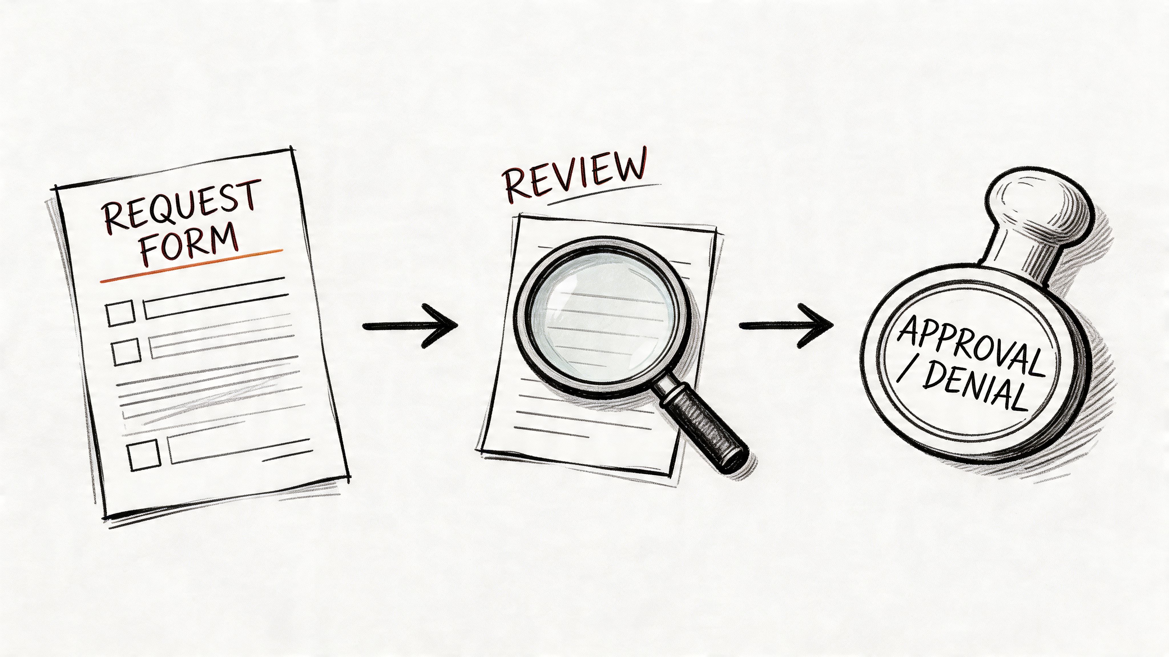A hand-drawn illustration showing a process flow from a request form to review and final approval.
