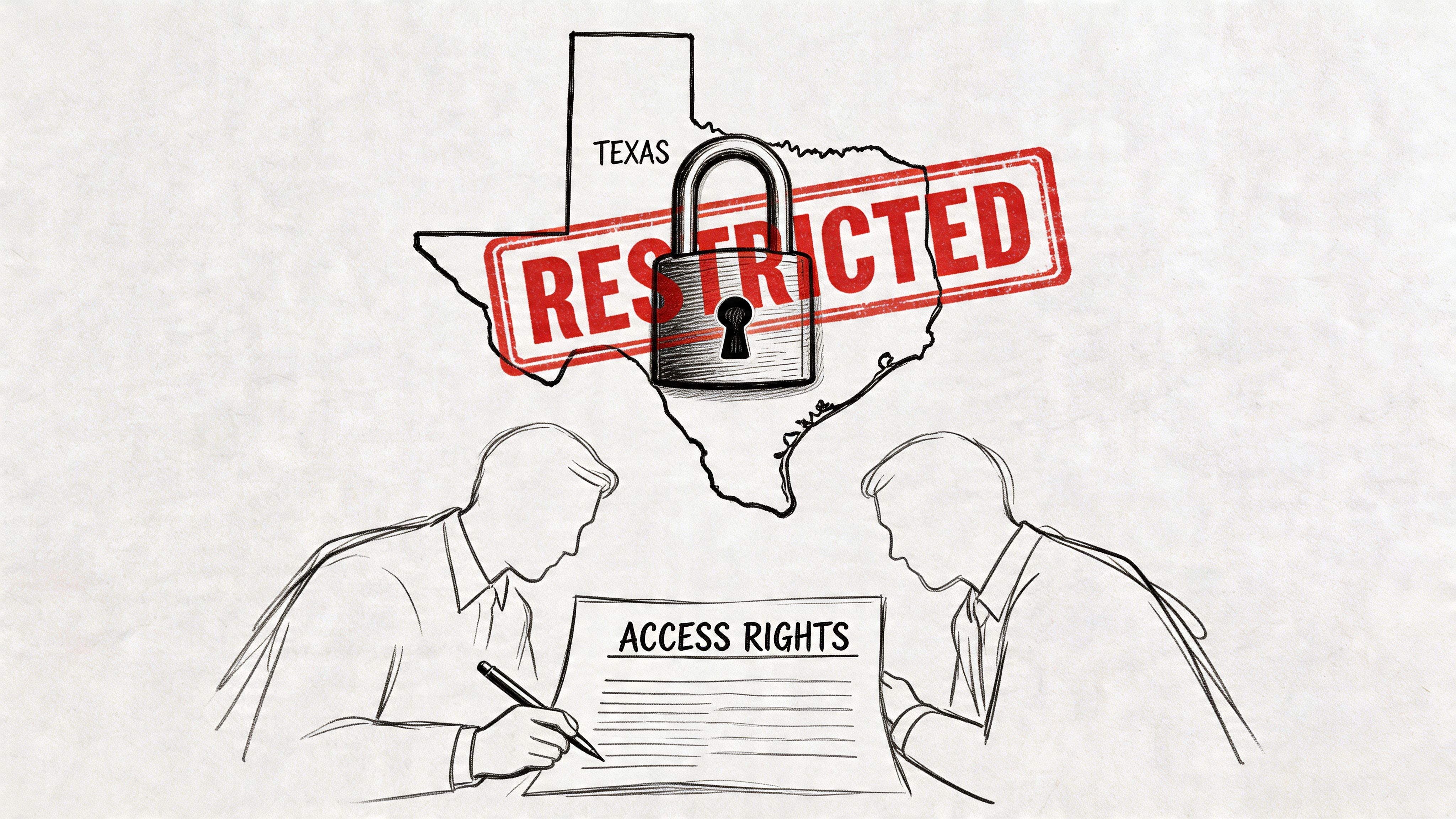 A conceptual illustration of a padlock over a Texas map and two people negotiating access rights.