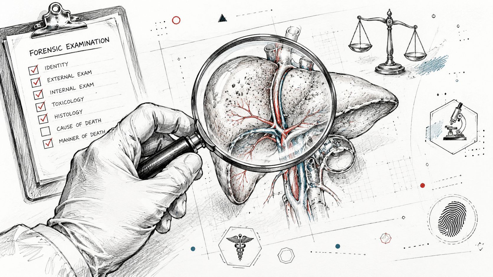 A hand wearing a glove holds a magnifying glass over a human liver illustration on a medical report.