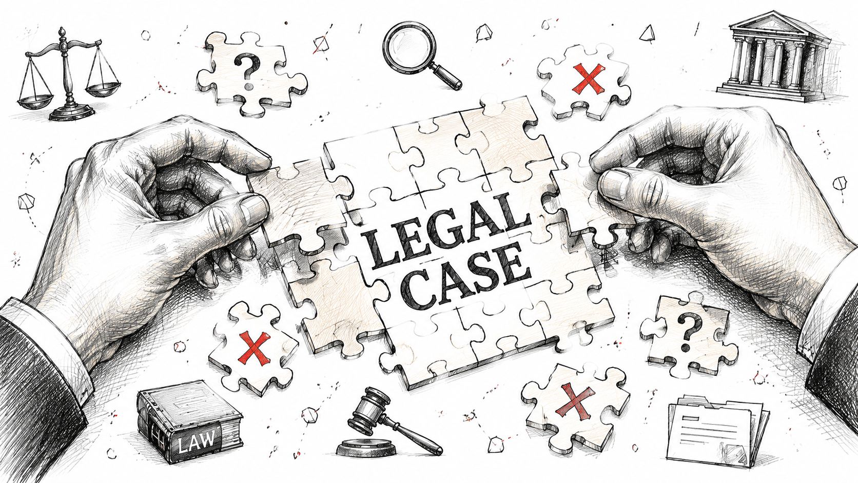 A conceptual illustration of hands assembling a jigsaw puzzle labeled with the text Legal Case.