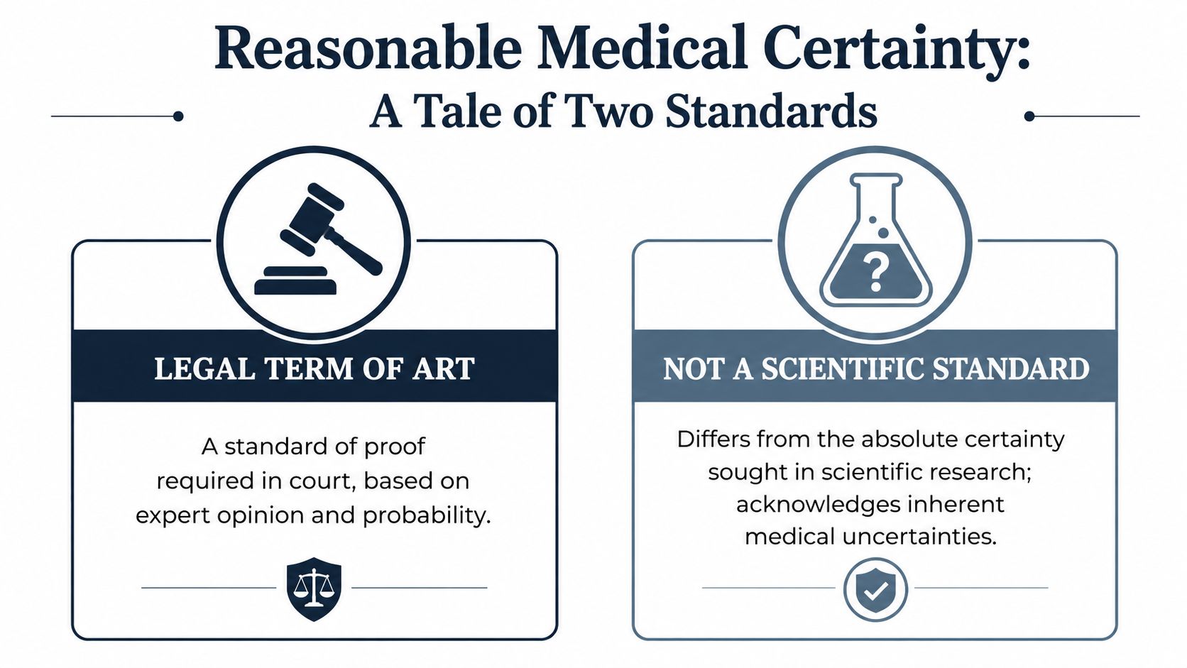 An infographic contrasting the legal and scientific interpretations of the term reasonable medical certainty.