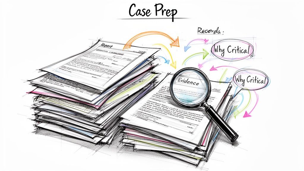 A hand-drawn sketch of a document stack with a magnifying glass examining evidence for case preparation.