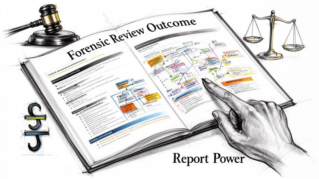 A hand points to a detailed forensic review document illustrated with a gavel and a scale.
