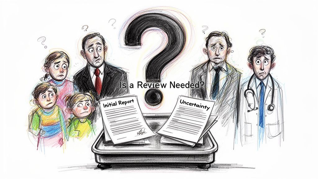 A sketched illustration showing worried people and professionals surrounding documents labeled Initial Report and Uncertainty with a question mark.