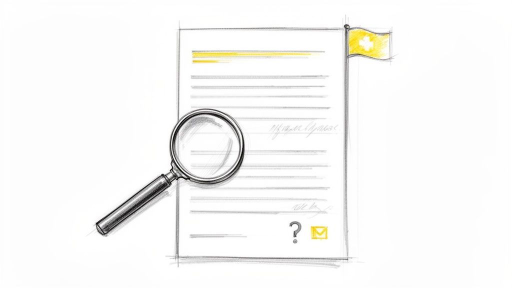 Sketch of a magnifying glass reviewing a document with a medical cross flag and inquiry symbols.