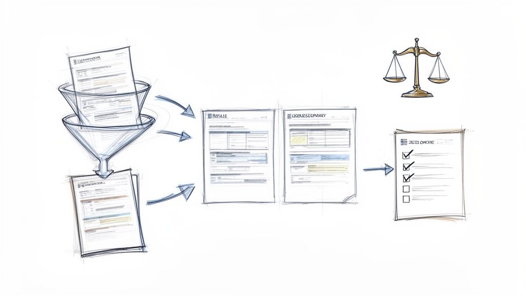 A diagram illustrating the legal review process: medical records are filtered, summarized, and verified with a checklist.