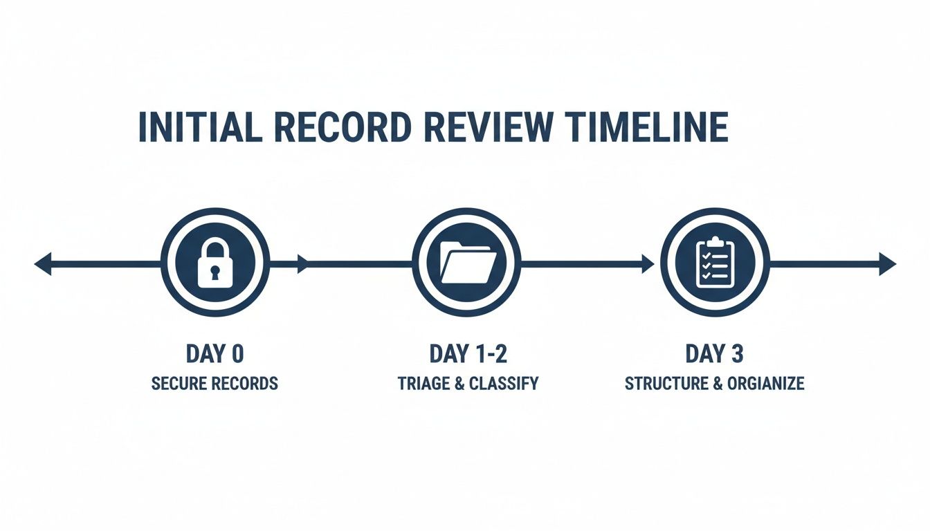 A timeline illustrating the initial record review process, detailing secure, triage, and structure steps.