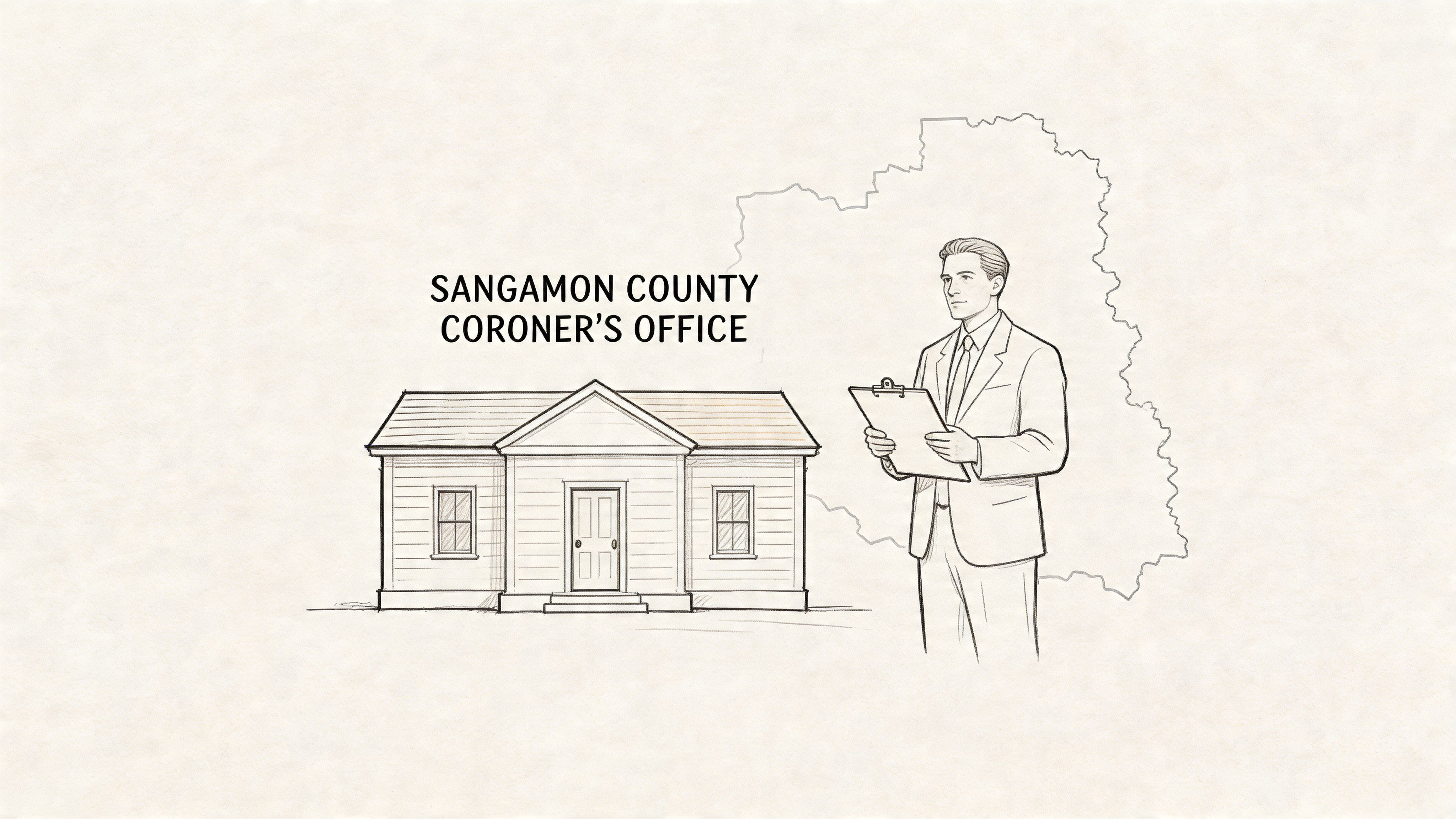 A line-drawn illustration featuring a person holding a clipboard in front of the Sangamon County Coroner's office.